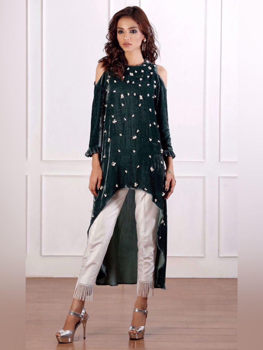 Rozina Munib Green Velvet Off Shoulder Pakistani Desi Dress